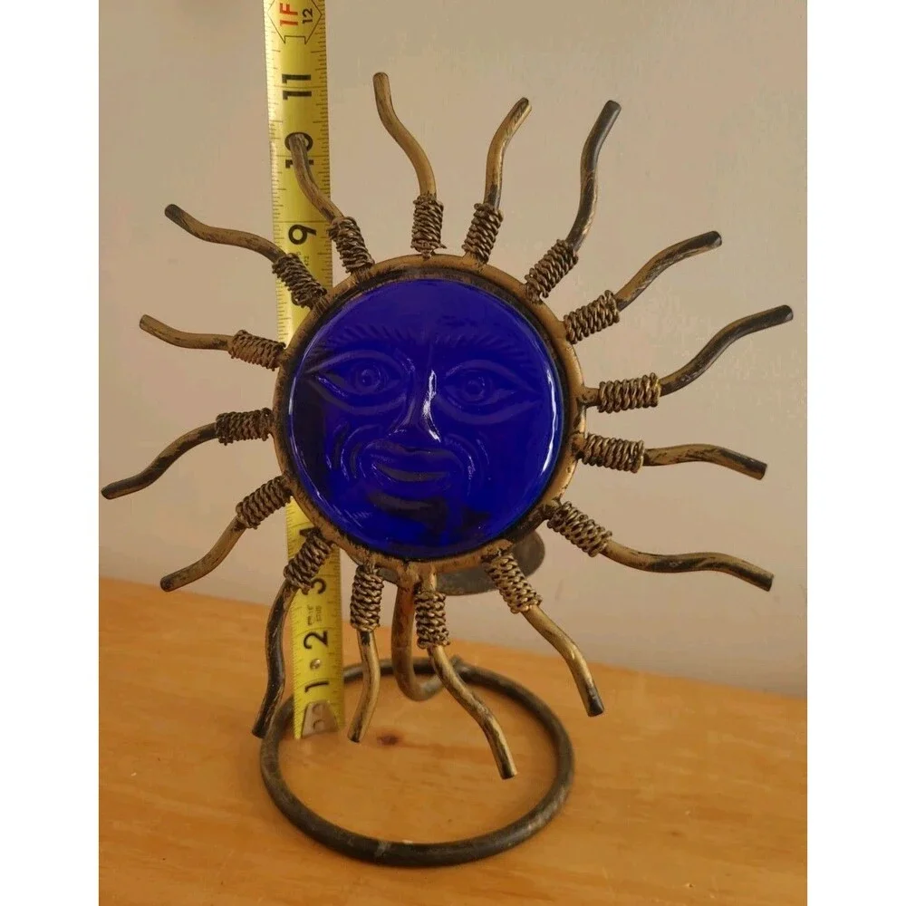 Cobalt Blue Glass Metal Celestial Candle Holder Brass Finish  11